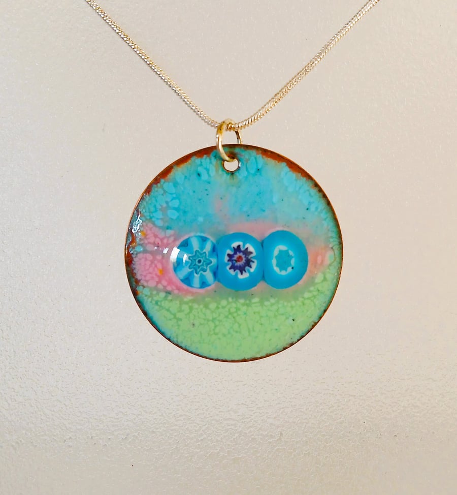 Pastel and millefiori enamelled copper pendant 261