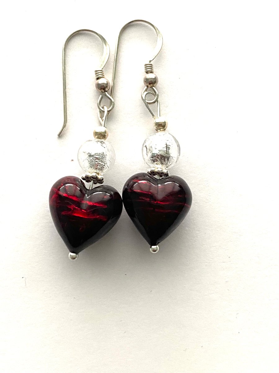 Murano glass red heart earrings with sterling silver.