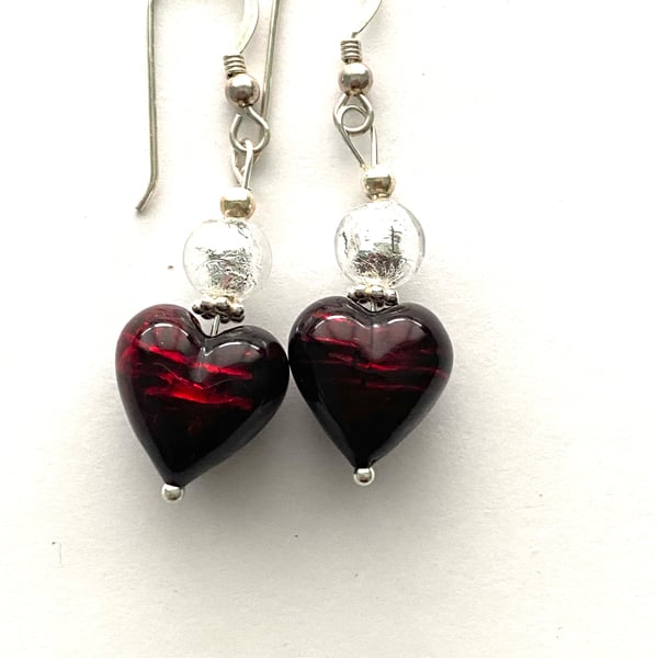 Murano glass red heart earrings with sterling silver.