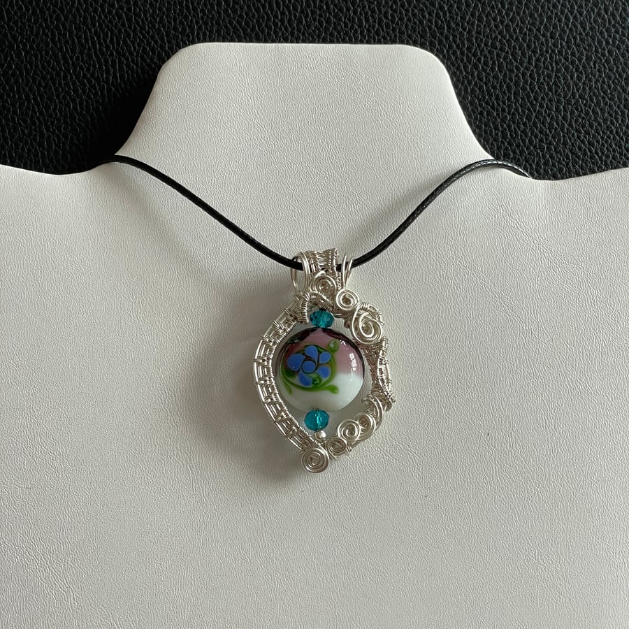 Glass Flower Wire Wrapped Pendant