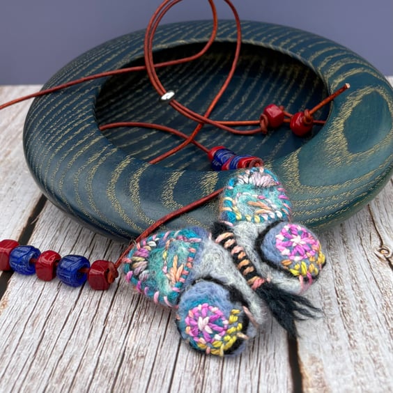 Bead and Felted Butterfly BoHo style Necklace - Blue Butterfly