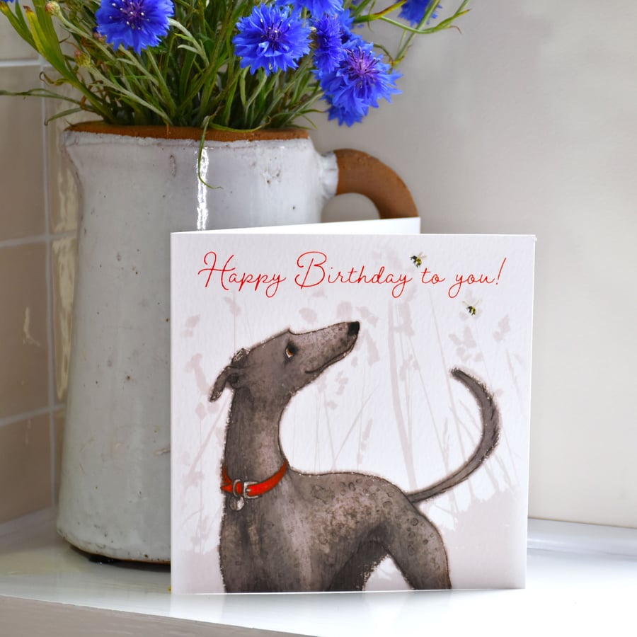 Greyhound Birthday Card, Black, Grey, Dog, Whippet, Blank, Birthday, Mum, Nan, D