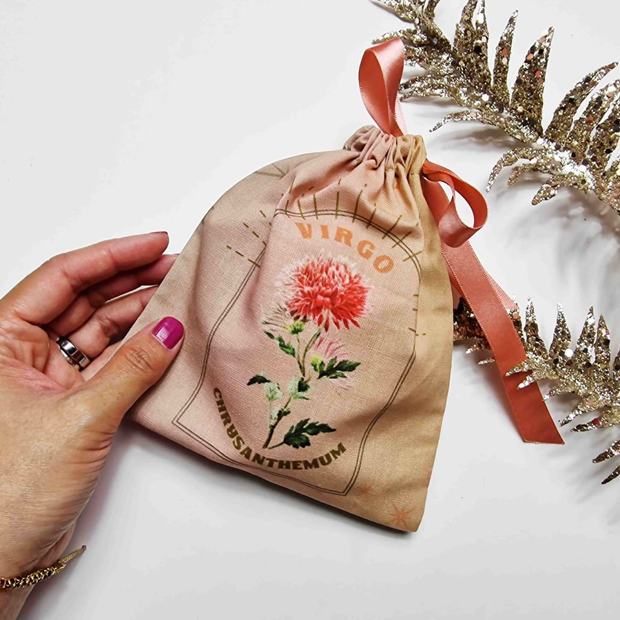 Chrysanthemum, Virgo Birth Flower Handmade and Reusable Pouch