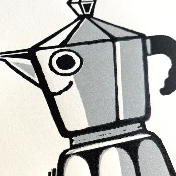Moka Pot hand printed linocut print by Theodore Roberts