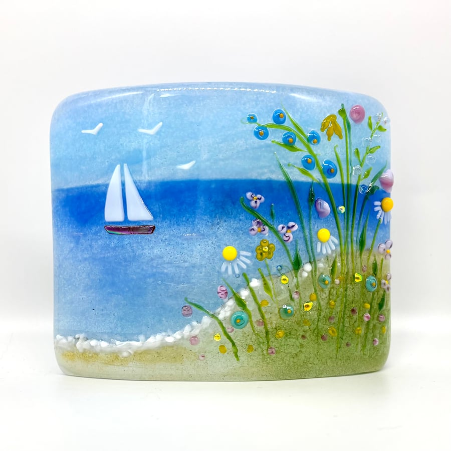 Curved Glass Panel - Sea Scene with Wild Flowers
