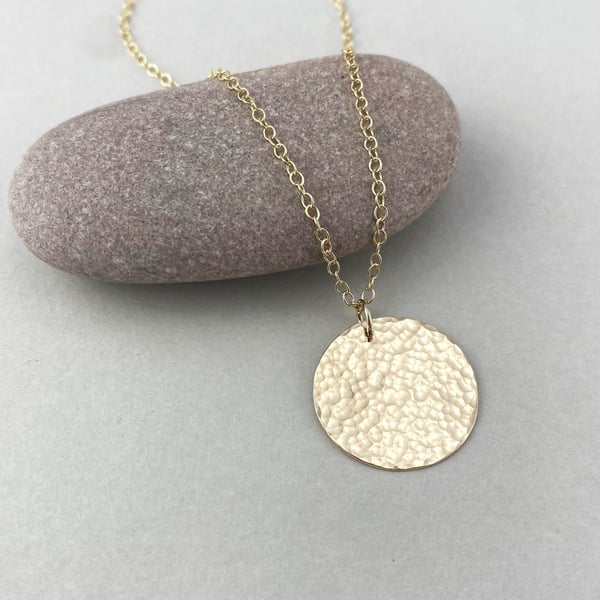 Large Solid Hammered 9ct Gold Minimalist Circular Disc Necklace