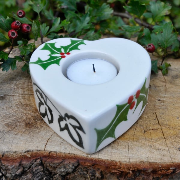 Holly & Ivy Christmas Tea Light Holder - Hand Painted