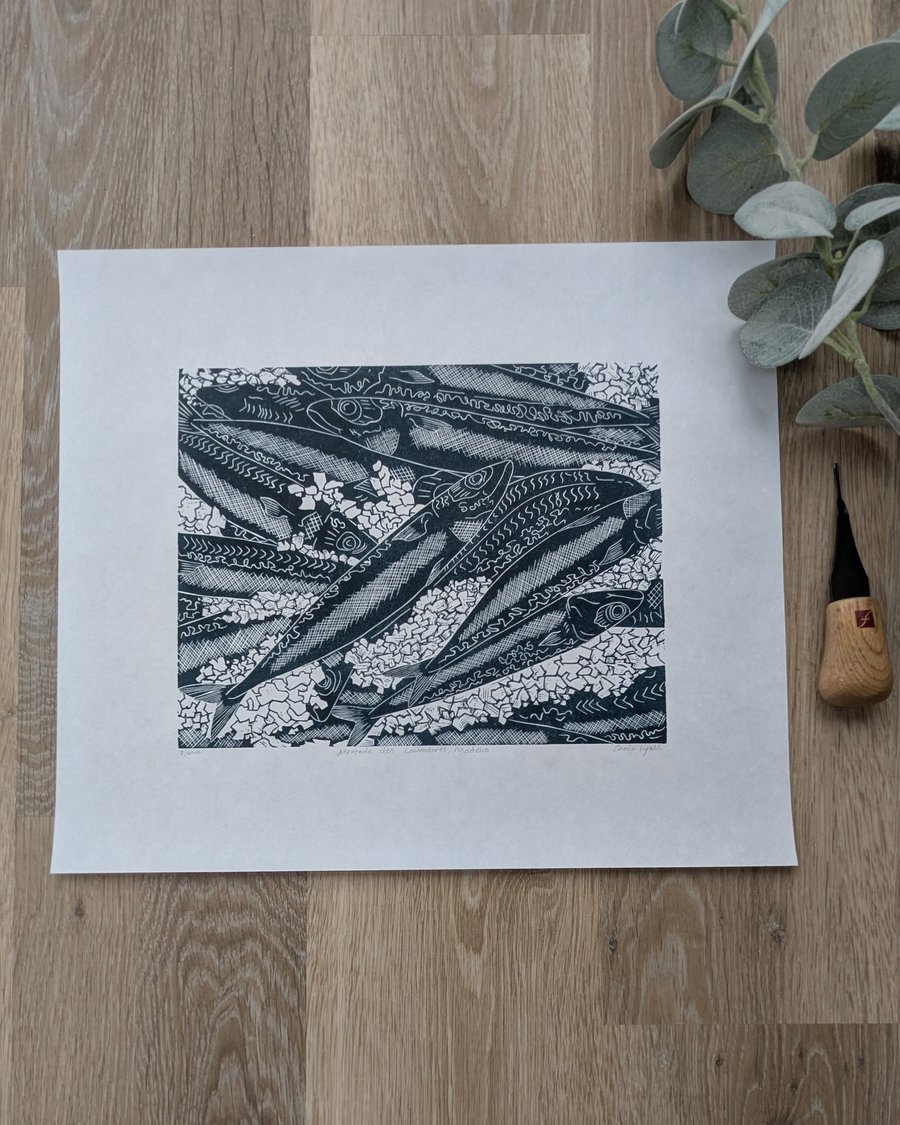 Spanish Sardines Linocut Print, Fish Print, Limited Edition Print