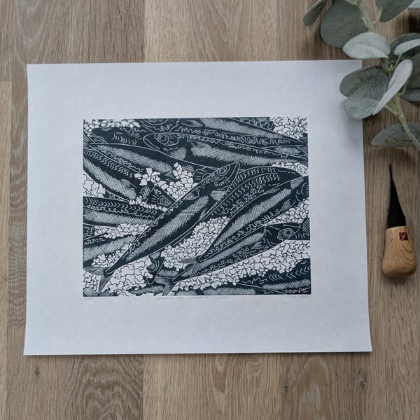 Spanish Sardines Linocut Print, Limited Edition Mercado dos Lavradores Print
