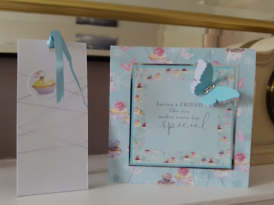 Friend butterfly birthday card and matching gift tag