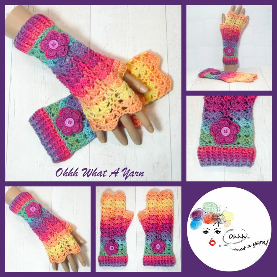 Pastel rainbow ladies crochet gloves, finger less gloves. Texting mitts.
