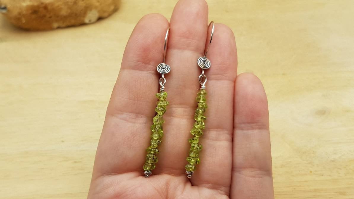Long Peridot earrings. August birthstone. Bali silver