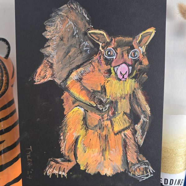 Ninja Squirrel - original abstract acrylic mixed media painting on A4 paper