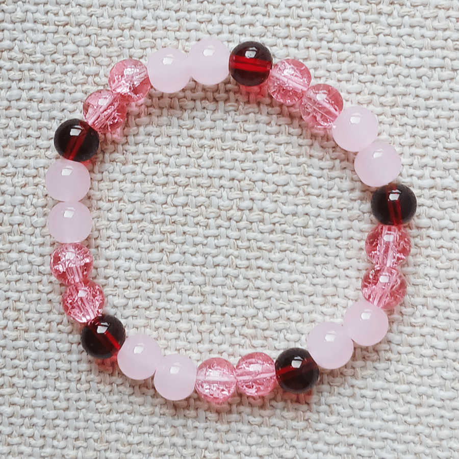 Ladies Rose Quartz and Red Jasper Elastic Bead Bracelet