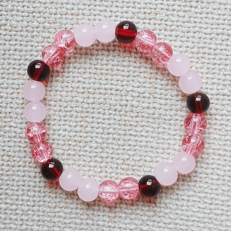 Ladies Rose Quartz and Red Jasper Elastic Bead Bracelet