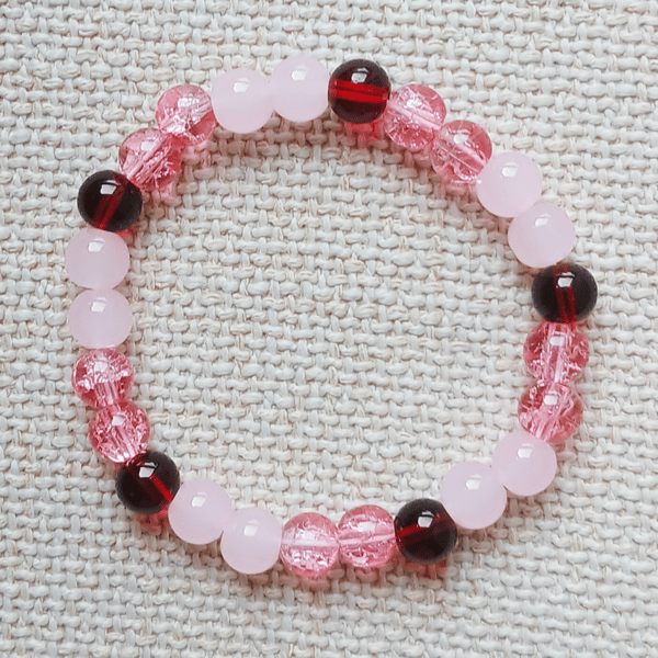 Ladies Rose Quartz and Red Jasper Elastic Bead Bracelet