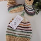 Designer Baby Pure Merino Wool Hand Knitt Booties & Hat Gift Set 0-3 months size