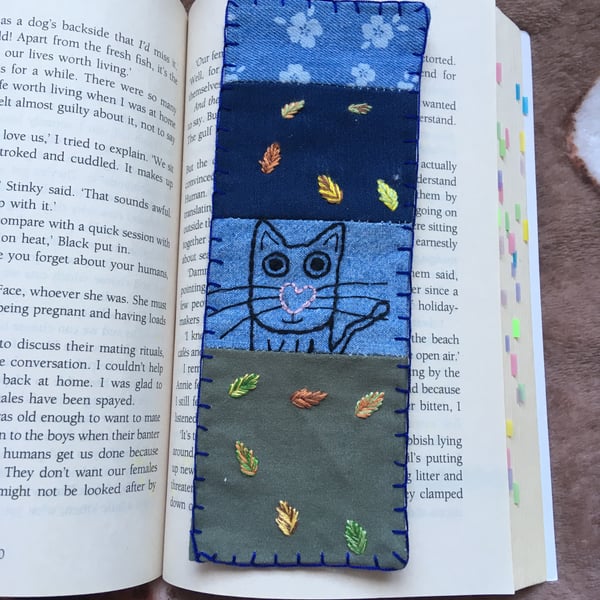 Handmade Fabric Bookmark - Cats - Autumn leaves - Book accessories