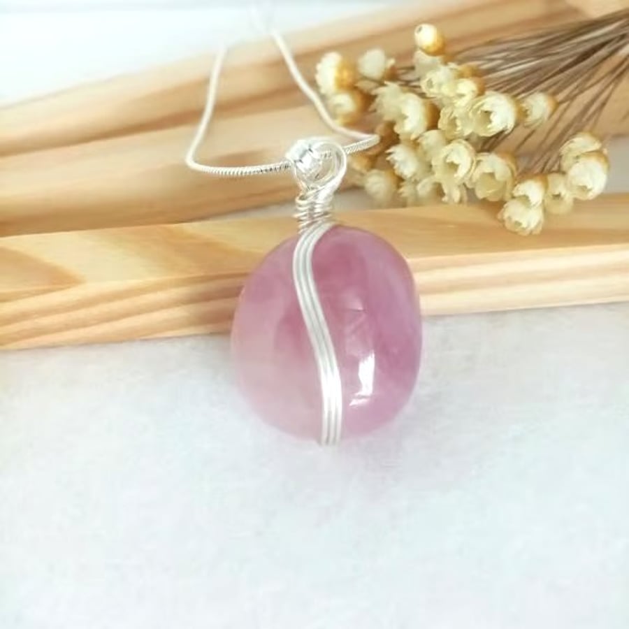 Rose Quartz Necklace - Wire Wrapped Rose Quartz Tumble Stone - Heart Chakra 