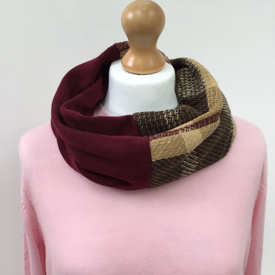 Handwoven silk and merino cowl in red, gold and brown tones
