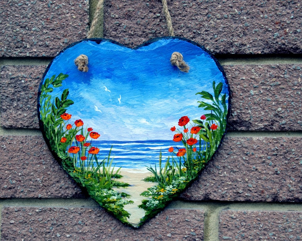 Slate heart - "Poppies by the Beach
