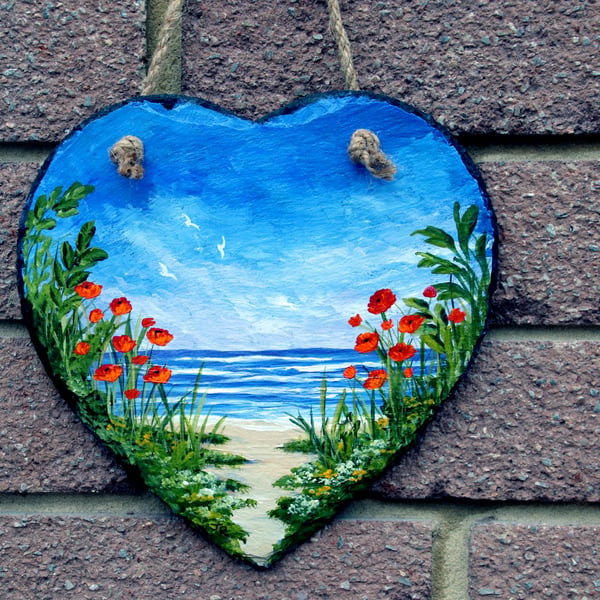 Slate heart - "Poppies by the Beach