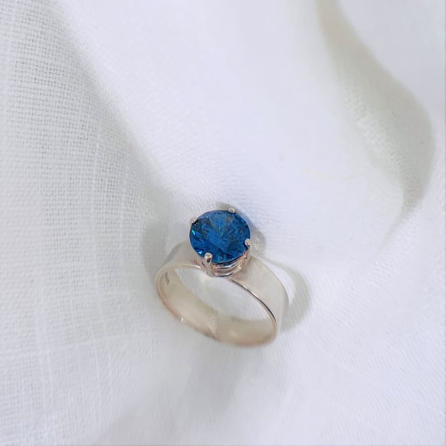 Sapphire Blue Cubic Zirconia Ring - Sterling Silver - Hallmarked