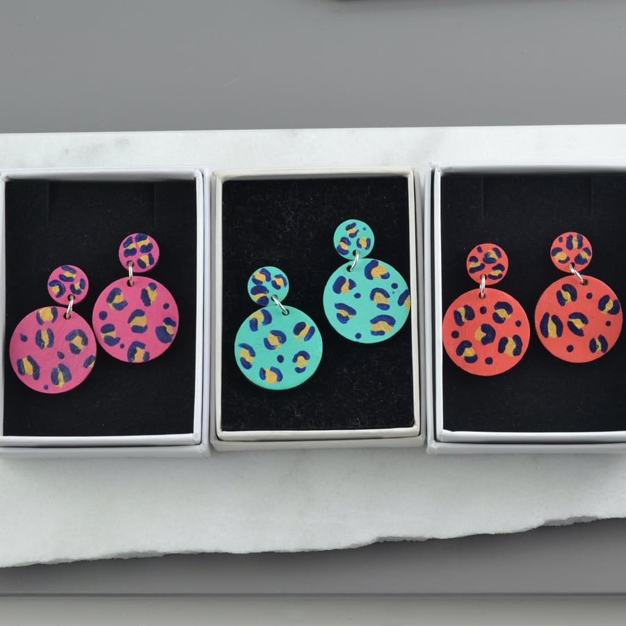 Colourful leopard print circles dangly earrings