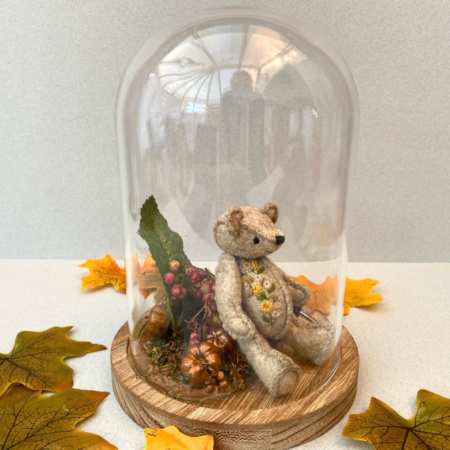 Tiny teddy bear in glass dome, Autumn Winter cloche teddy ornament 
