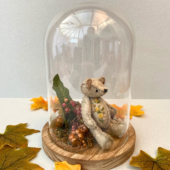 Tiny teddy bear in glass dome, Autumn Winter cloche teddy ornament 