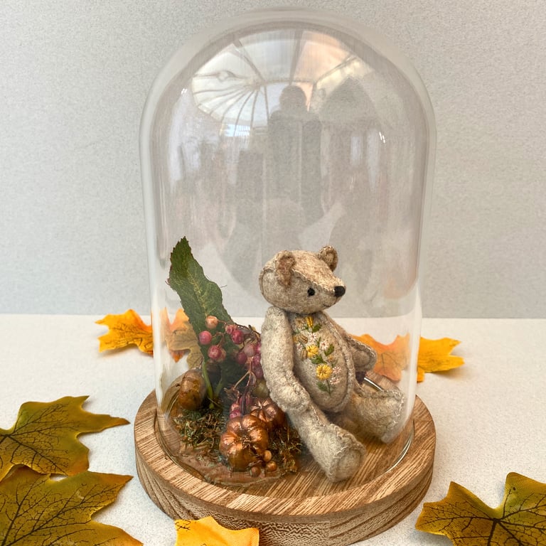 Tiny teddy bear in glass dome, Autumn Winter cloche teddy ornament 