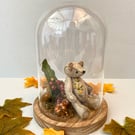 Tiny teddy bear in glass dome, Autumn Winter cloche teddy ornament 