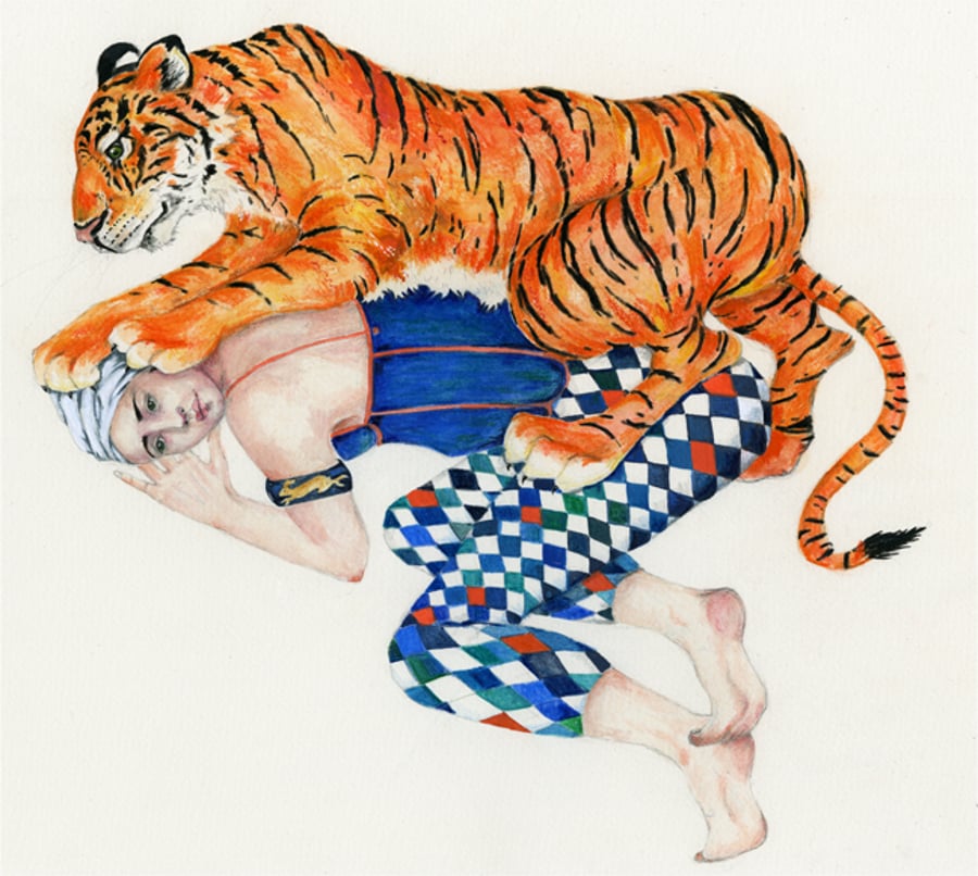 Tiger playing with Woman A4  8x11inche Giclee archival print