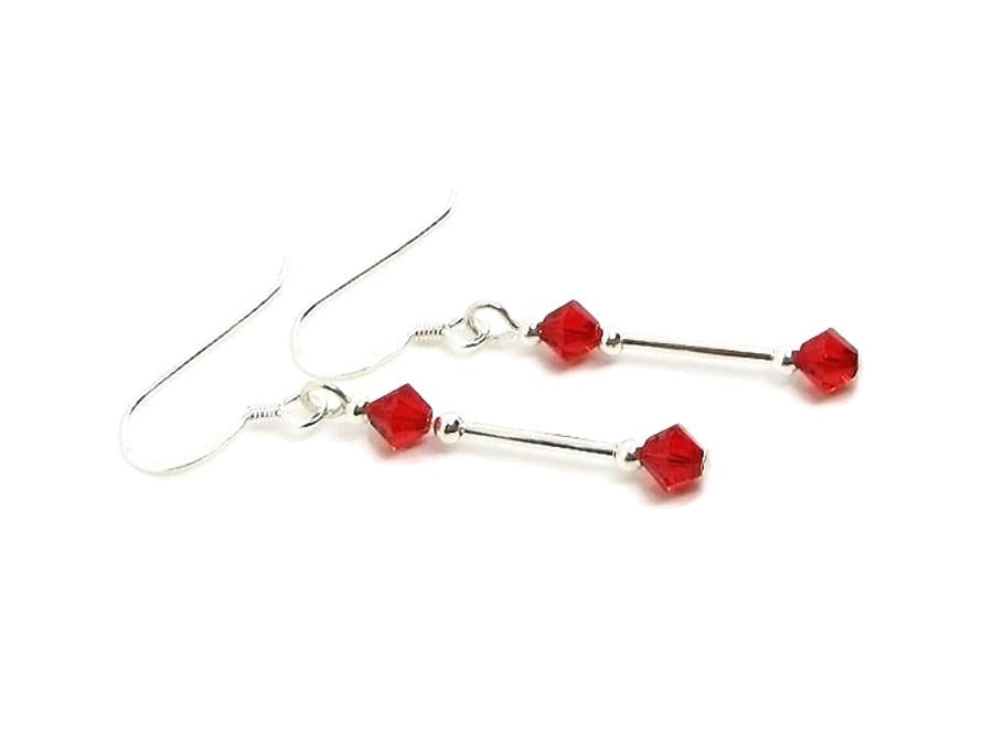 Slim, Premium Quality Red Crystals & Sterling Silver Earrings