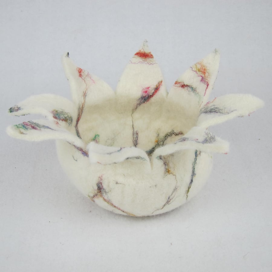 Wet felted bowl, white wool with coloured silk strands