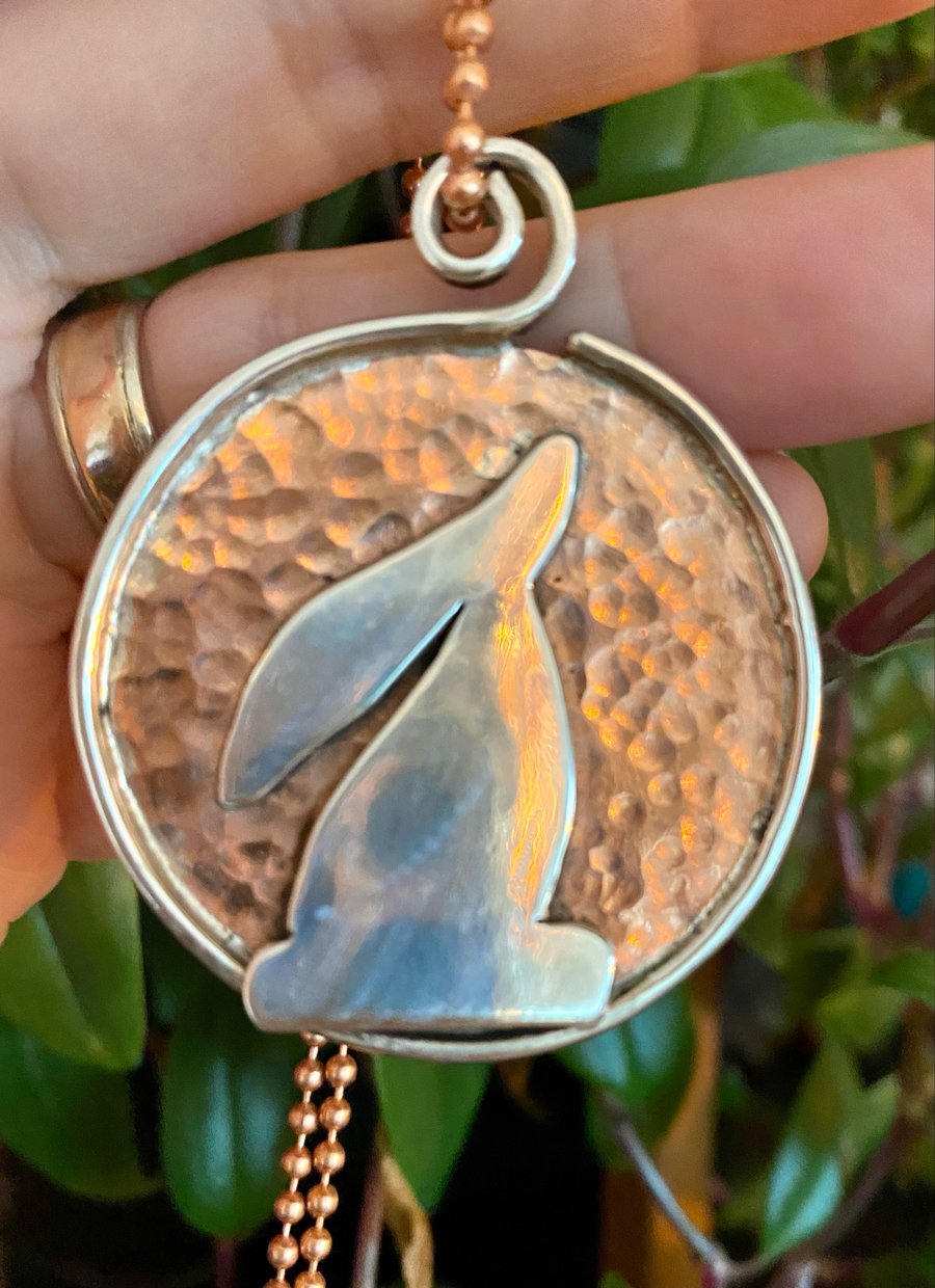 Silver and copper Full Moon Gazing Hare pendant