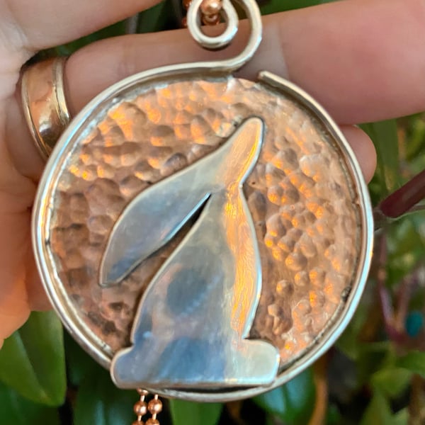 Silver and copper Full Moon Gazing Hare pendant