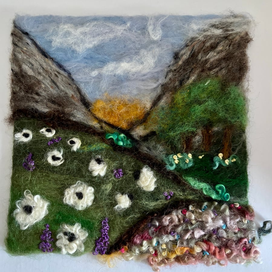 Unframed Needlefelted wool countryside picture 