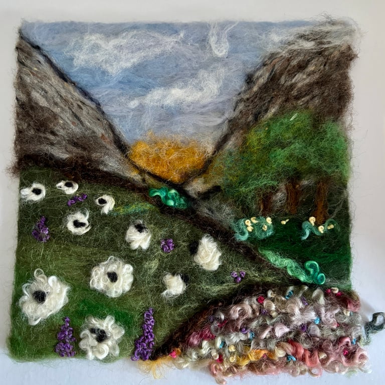 Unframed Needlefelted wool countryside picture 