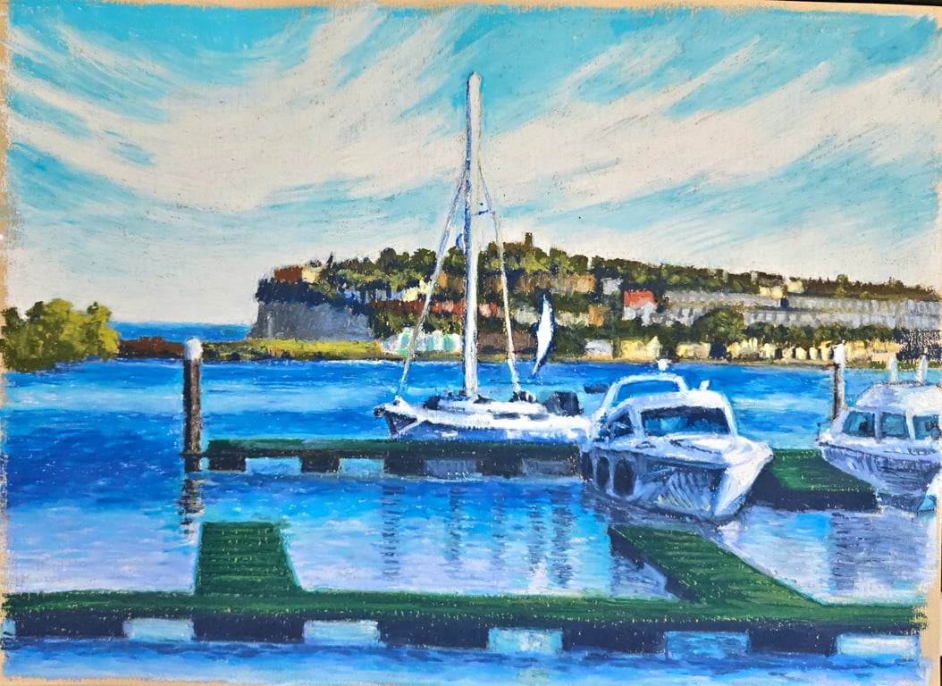 Cardiff Bay original oil pastel artwork