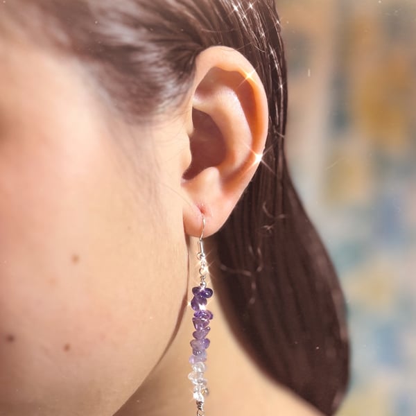 Amethyst chip beads , Clear White Quartz Microcrochet Floral Earrings