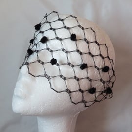 Black Narrow Spotted Vintage Retro Waffle Weave Veil Bandeau Birdcage Gothic 