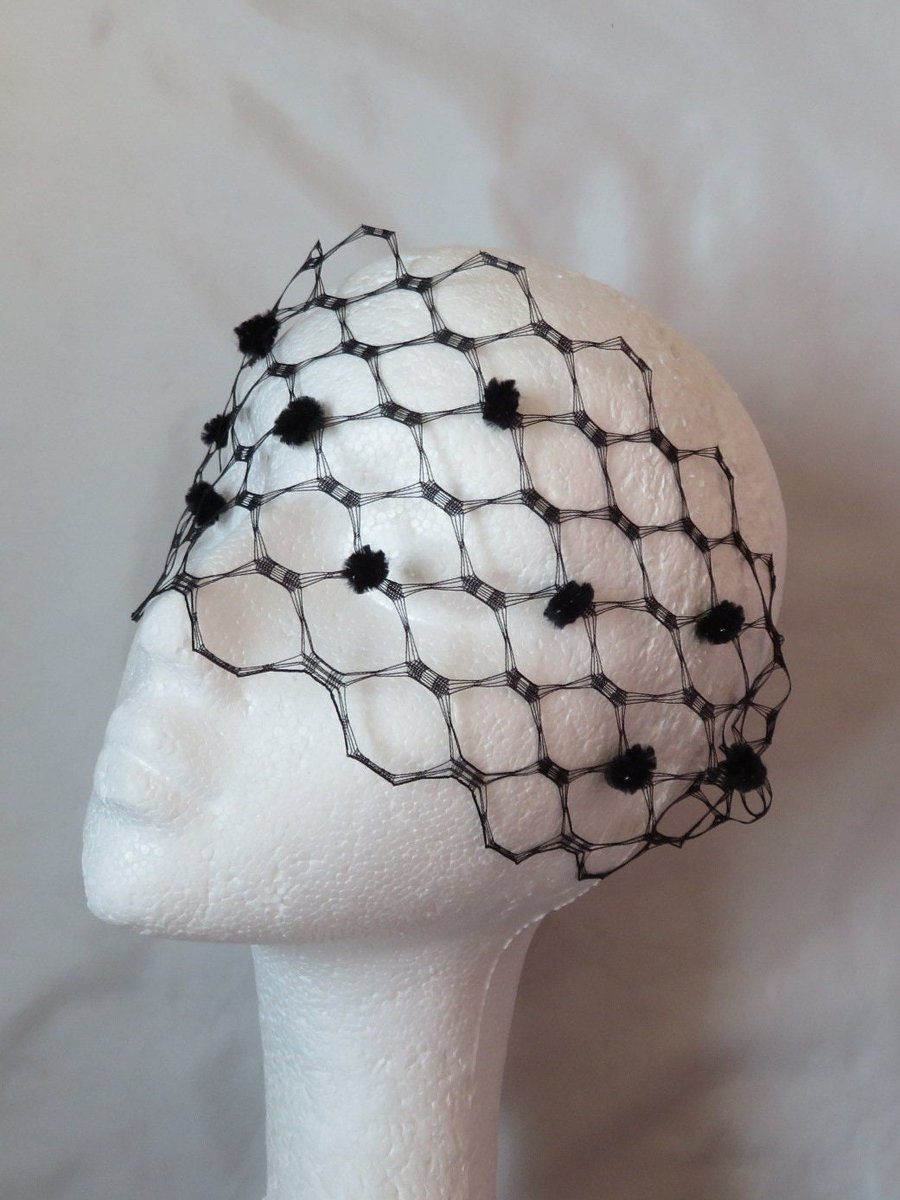 Black Narrow Spotted Vintage Retro Waffle Weave Veil Bandeau Birdcage Gothic 