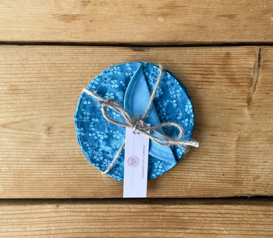 Fabric Coasters, 6 Set, Handmade Coasters, Cotton Coasters. Blue Floral-COAST-15