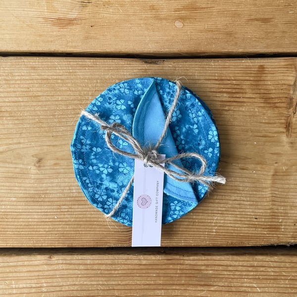 Fabric Coasters, 6 Set, Handmade Coasters, Cotton Coasters. Blue Floral-COAST-15