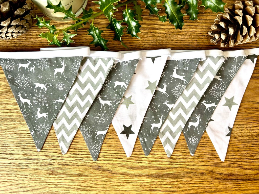 Handmade Grey & White Reindeer Christmas Bunting - Handmade Fabric Garland