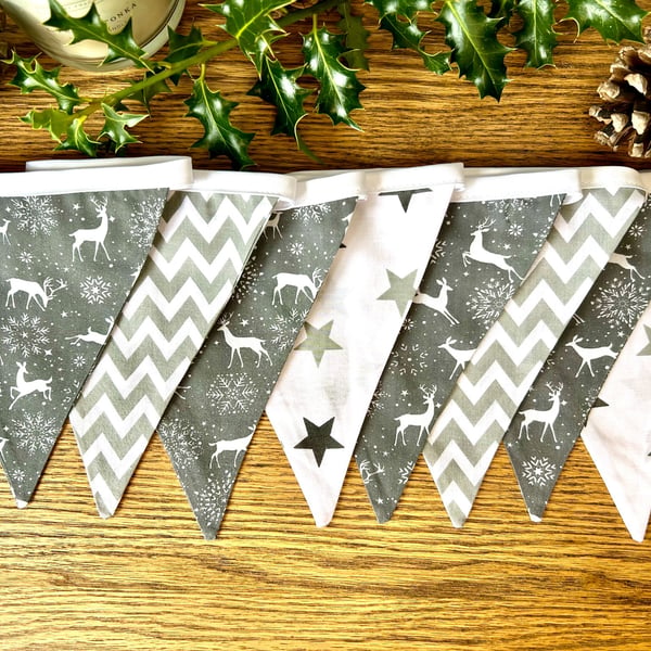 Handmade Grey & White Reindeer Christmas Bunting - Handmade Fabric Garland