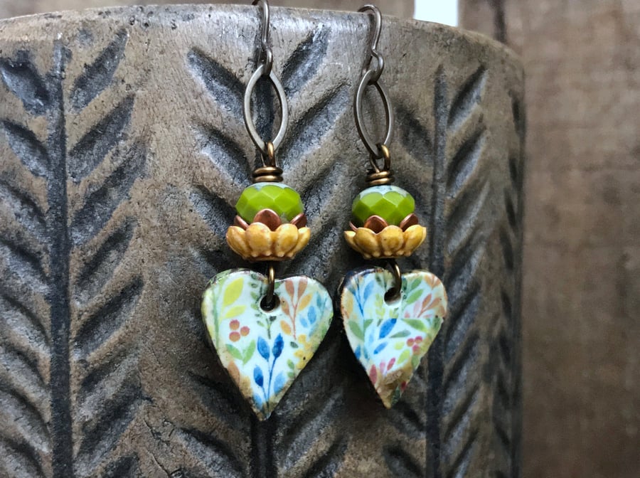 Artisan Ceramic Heart Earrings. Vintage Style Earrings. Rustic Floral Earrings