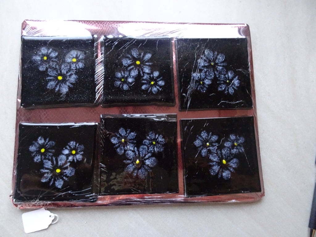 Fused Glass Set of Six Wine Coasters. 4" square. Daisy Flowers Design.  