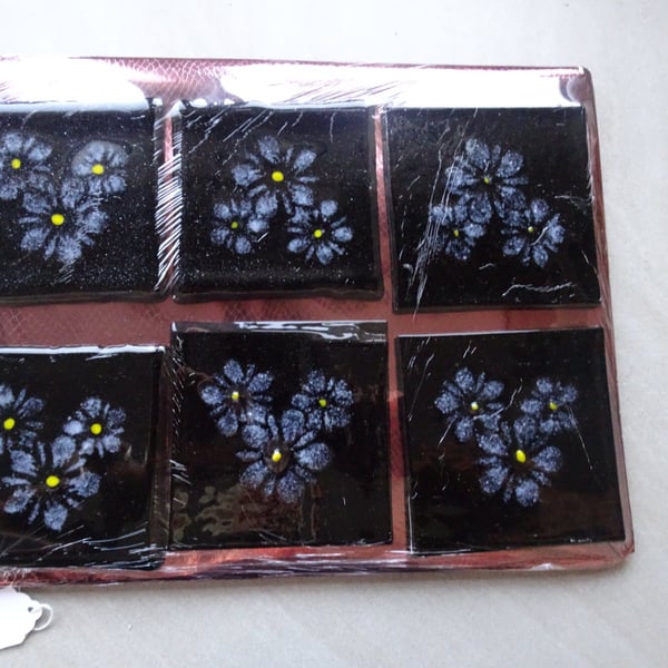 Fused Glass Set of Six Wine Coasters. 4" square. Daisy Flowers Design.  
